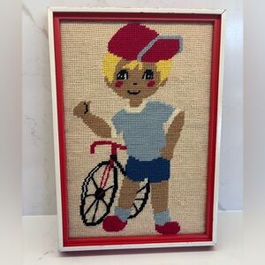 Vintage MCM Framed Needlepoint Art Kitschy Boy in Shorts and Bicycle Red Frame